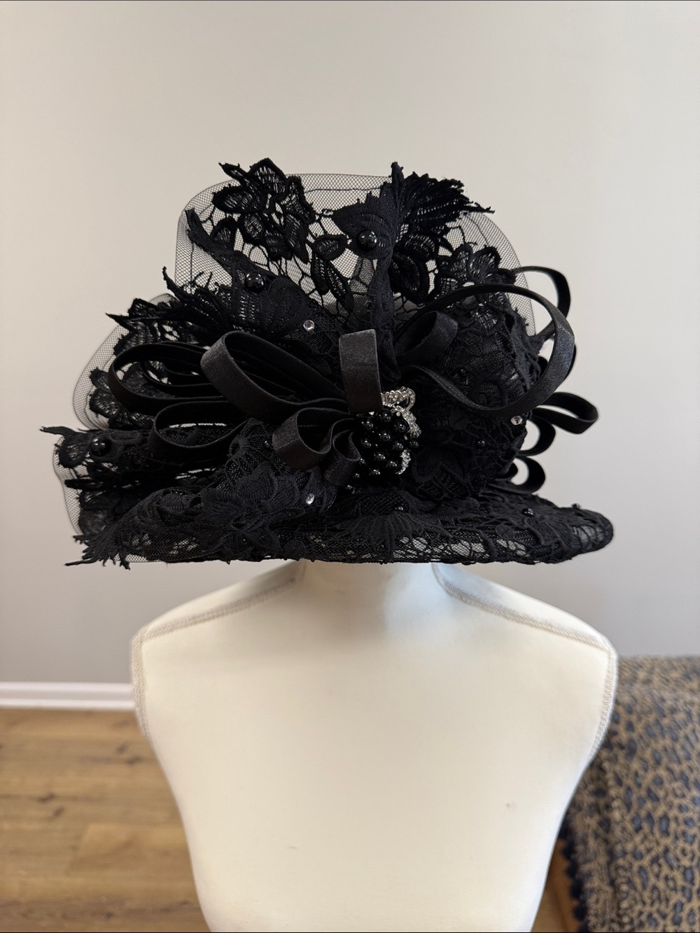 Black Lace Floral Dress Hat with Beaded Accent